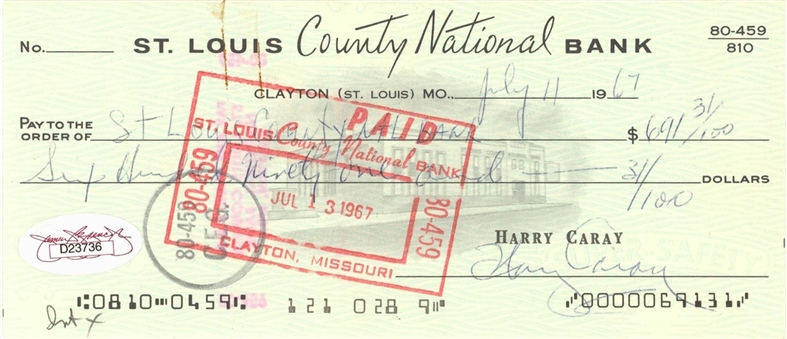 1967 Harry Caray Signed Check - JSA